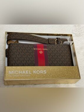Michael Kors Brown Signature Logo Belt Bag with Red and Burgundy Stripe